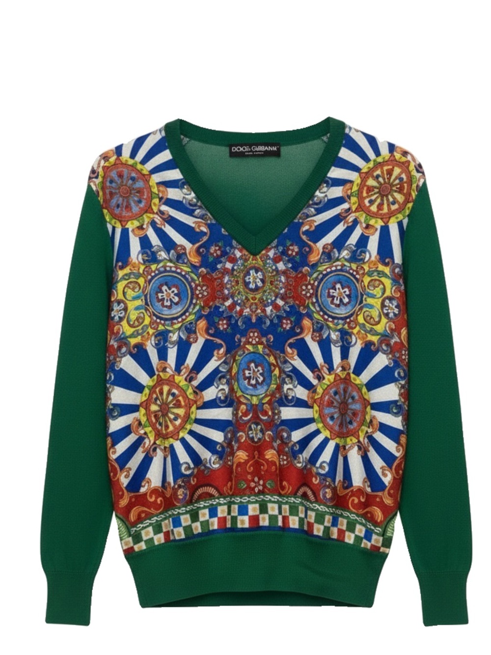 ๐๏ธ Dolce & Gabbana Authentic Green Carretto Siciliano All Silk V-Neck Sweater